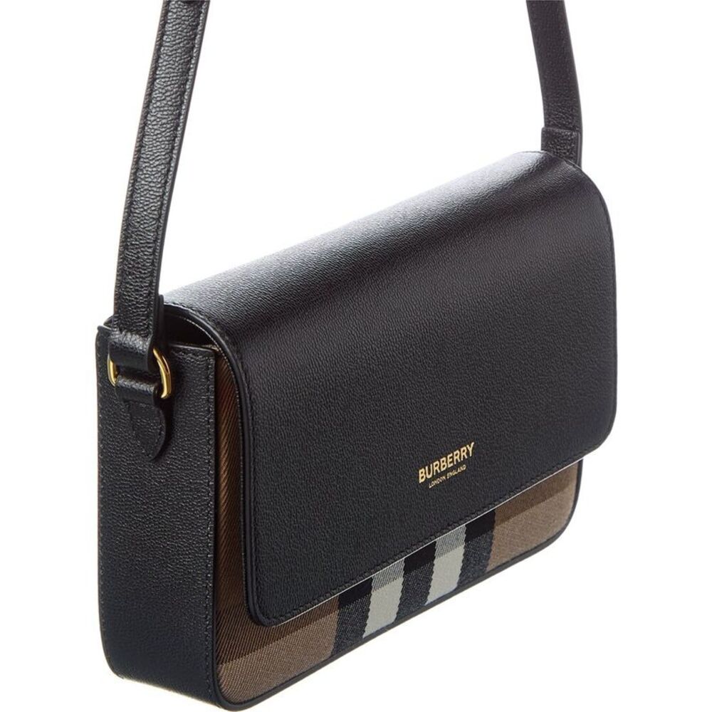 Burberry Hampshire Small House Check Canvas & Leather Shoulder Bag, Black - Picture 3 of 4